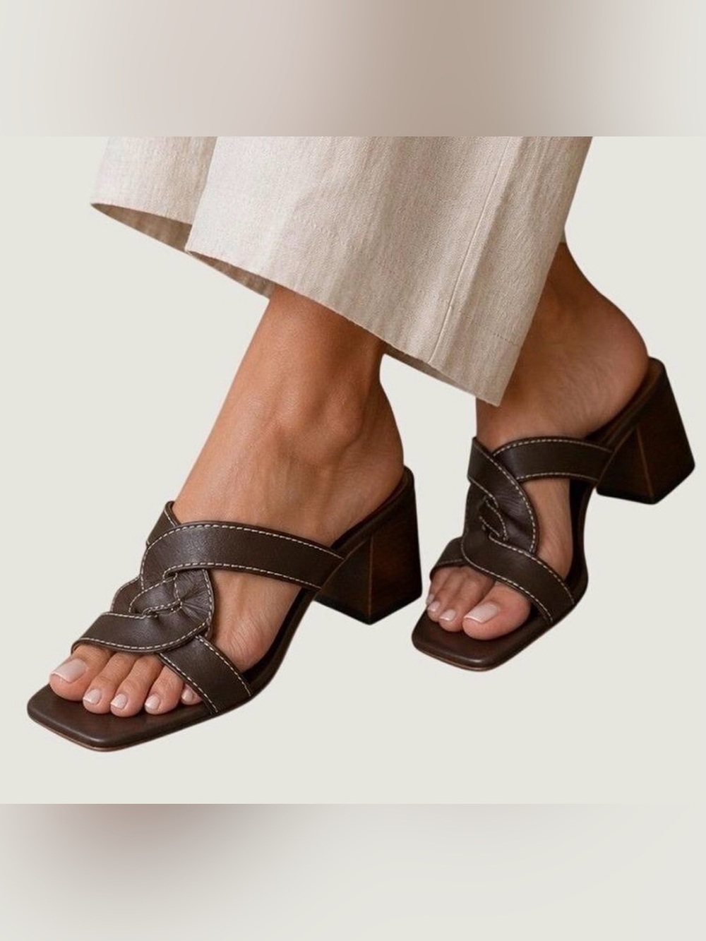 Women's Brown Leather Knot Block Heel Sandals